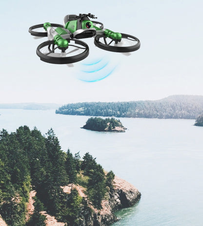 WiFi FPV RC motorcycle drone flying over a scenic lake surrounded by lush greenery.