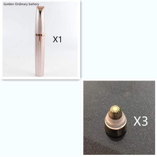 Electric eyebrow remover with golden ordinary battery and replacement heads for flawless brow maintenance.