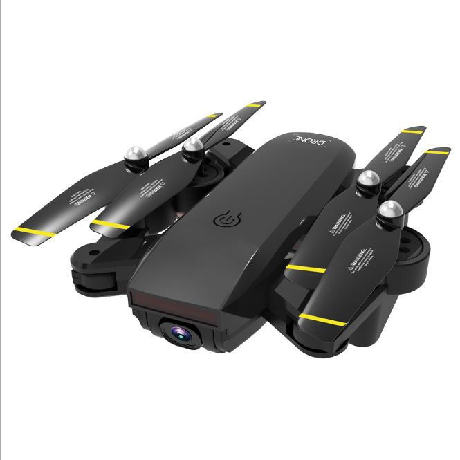 Dual camera quadrocopter with foldable design and four propellers for enhanced aerial photography.