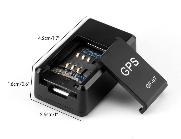Anti-lost tracking alarm GPS device, GF-07 model with opened casing showcasing internal components and dimensions.