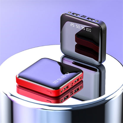 Portable mirror power bank 20000 mAh displayed on a reflective surface, showcasing stylish design and digital display.
