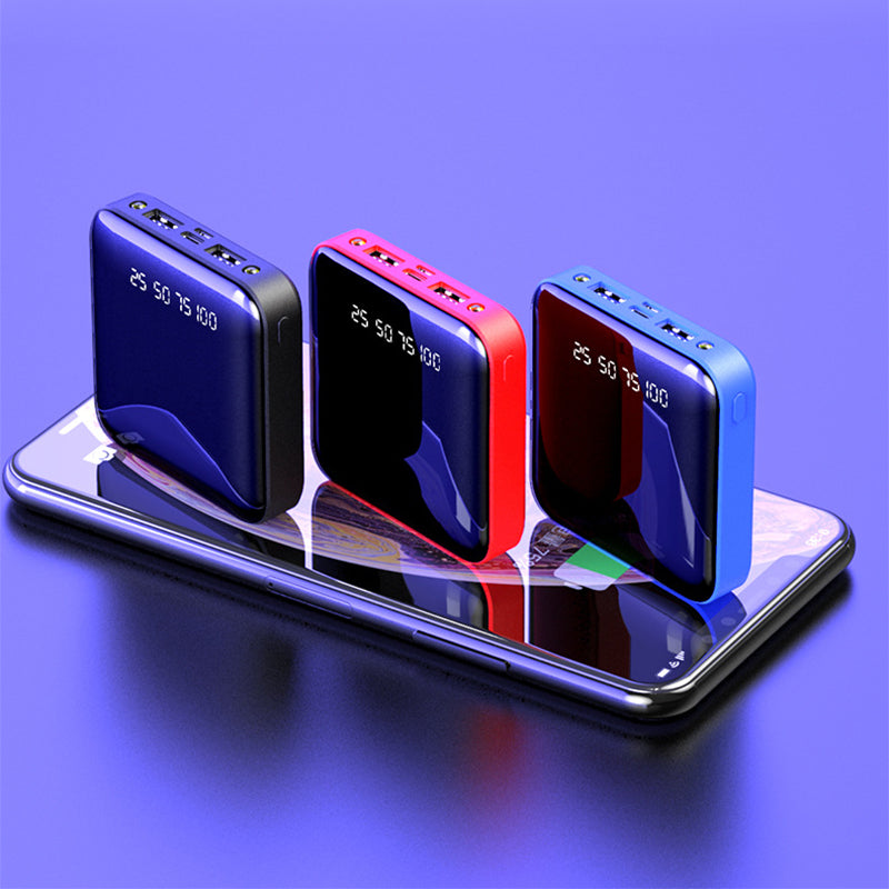 Portable mirror power bank 20000 mAh in black, red, and blue displayed on a smartphone.