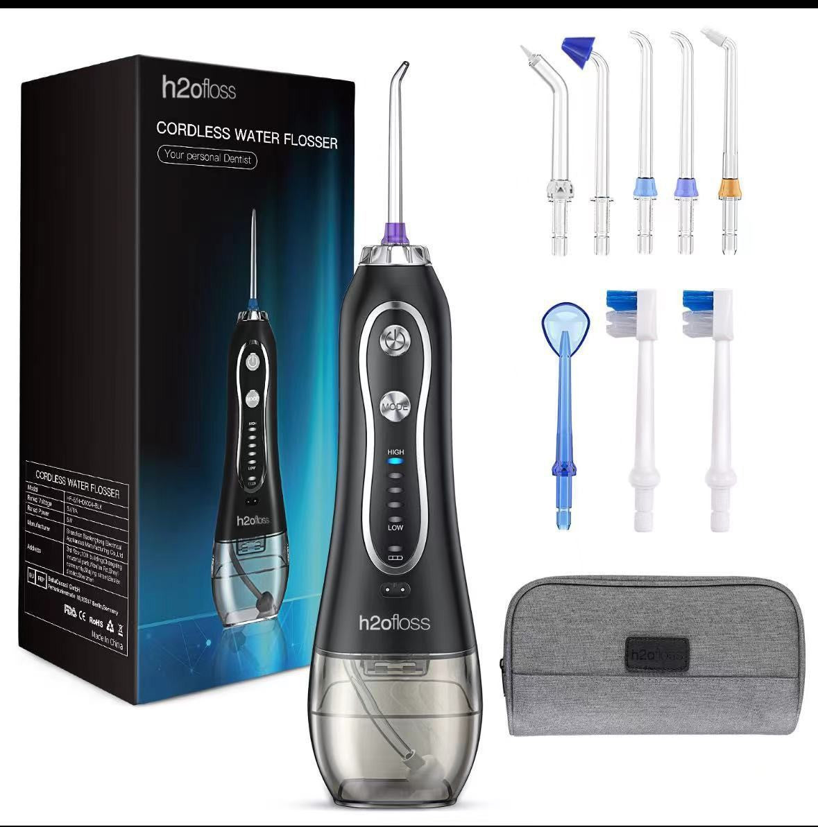 H2ofloss portable water flosser in black with nozzles and portable box package.