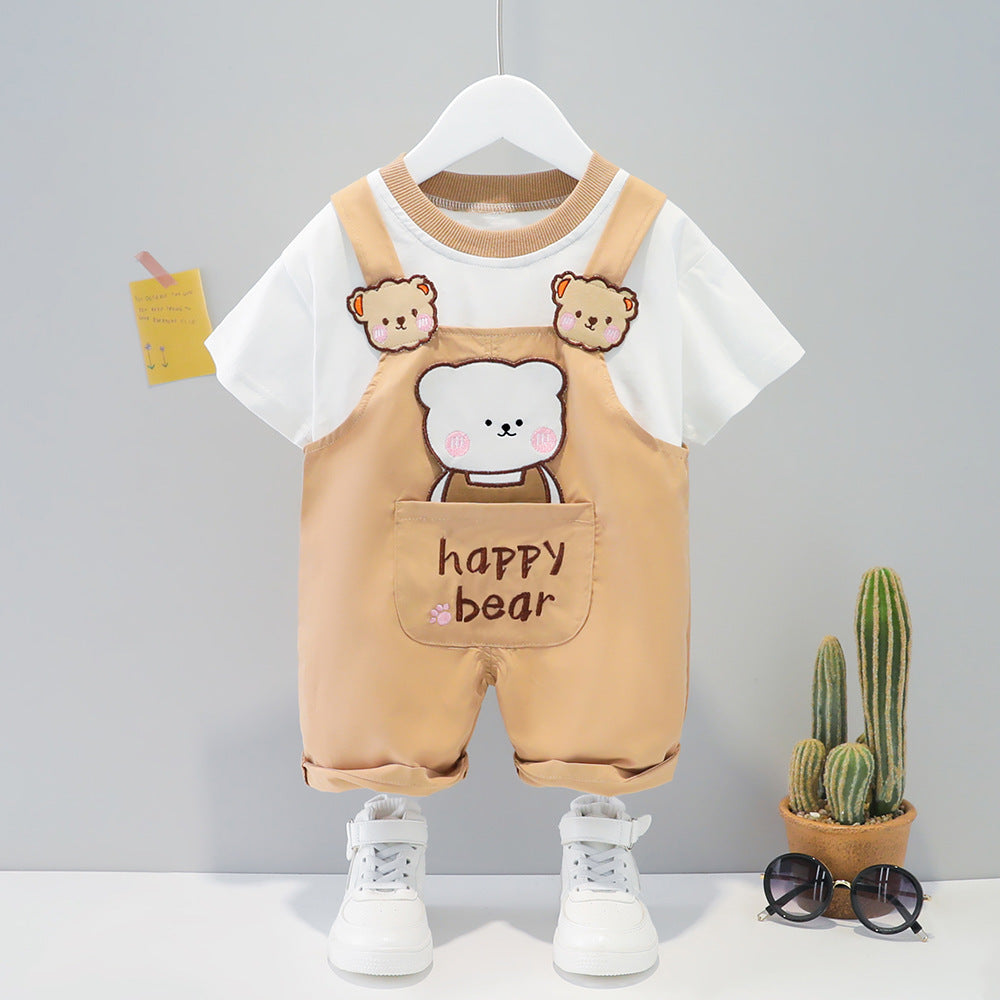Baby summer cartoon overalls featuring a cute bear design in beige with a white short-sleeved shirt.