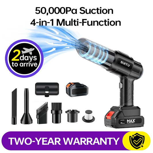 Wireless mini handheld vacuum with 50,000Pa suction and 4-in-1 multi-function included.