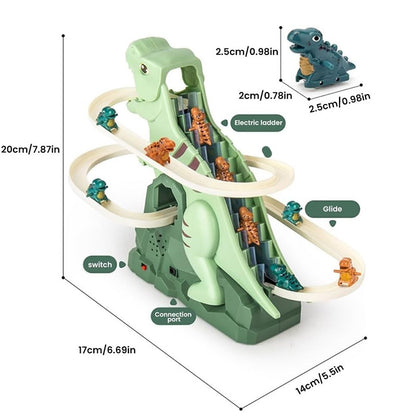 dinosaur climbing slide toy with electric ladder and three dinosaurs on the colorful track, featuring dimensions 20cm x 17cm x 14cm