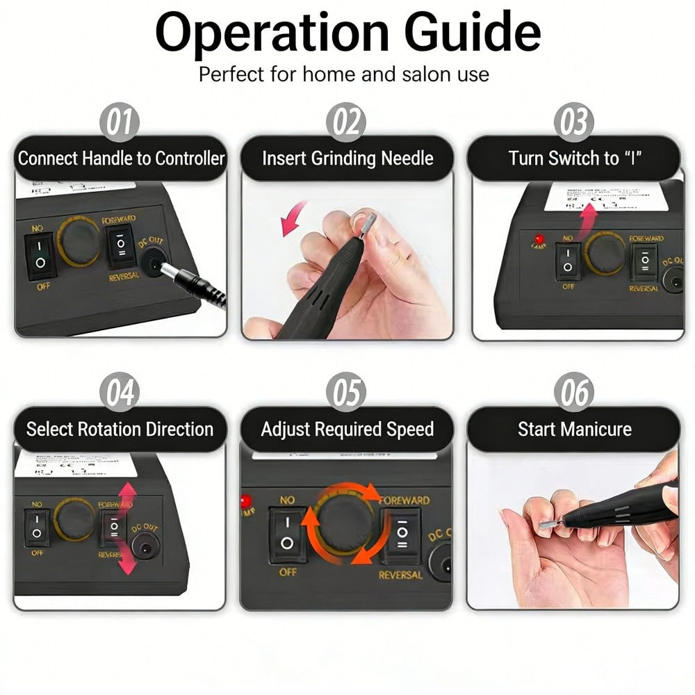 Operation guide for 220V electric polishing grinder showing steps for use at home and salon, including speed adjustment and rotation direction.