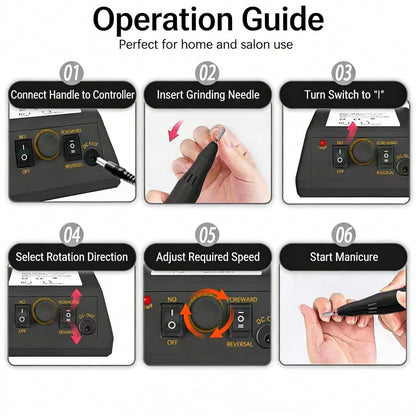 Operation guide for 220V electric polishing grinder showing steps for use at home and salon, including speed adjustment and rotation direction.