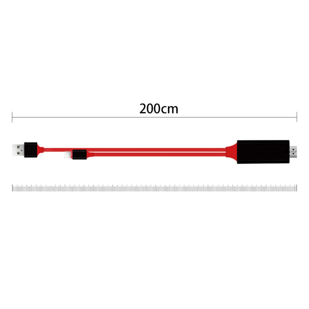 Type-C to HDMI projection cable, 200cm length, showcasing USB connectors and cable design.