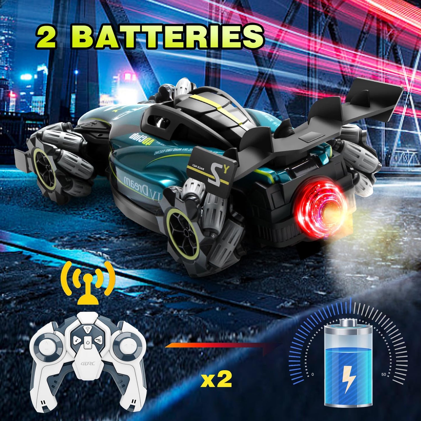 DE 1.12 rechargeable off road remote control car with 2 batteries and remote, perfect for racing fun.