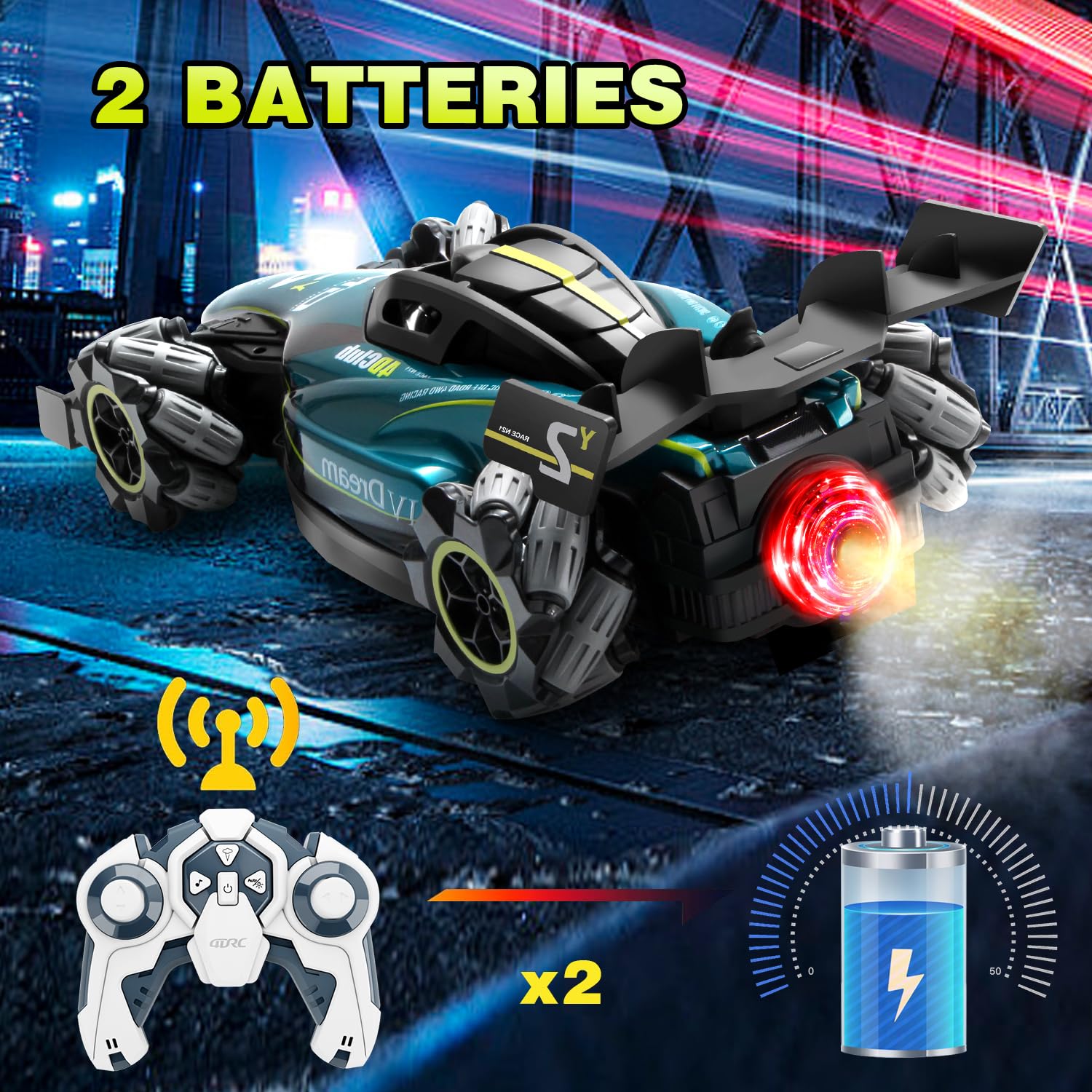 DE 1.12 rechargeable off road remote control car with 2 batteries and remote, perfect for racing fun.