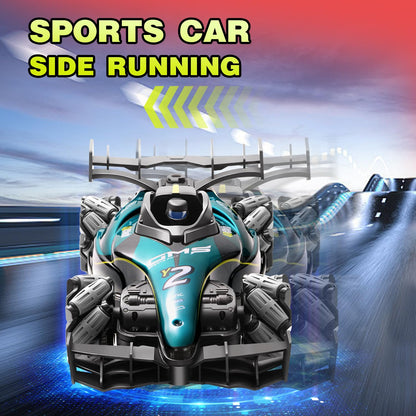 A rechargeable off road remote control car in action, showcasing side running on a vibrant racing track.