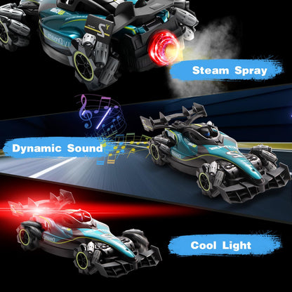 Rechargeable off road remote control car features steam spray, dynamic sound, and cool light effects.