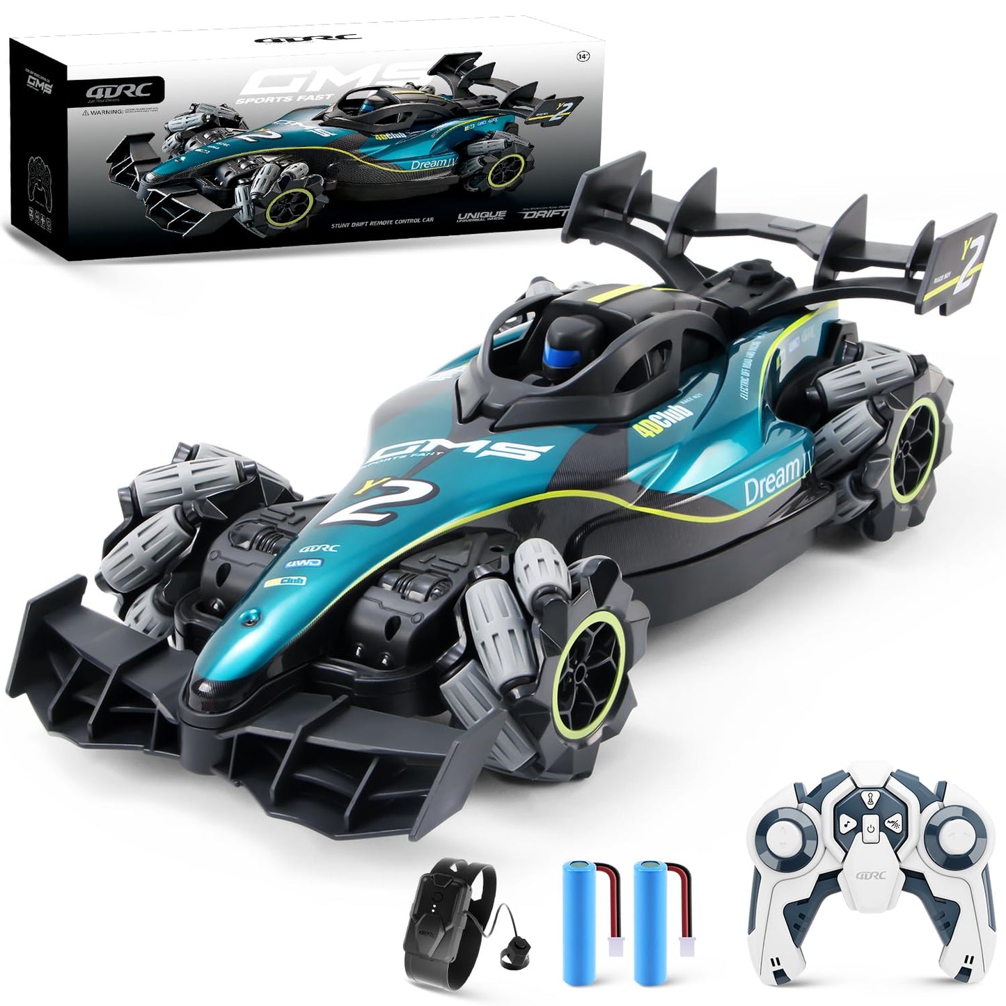 Rechargeable off road remote control car with 2.4GHz radio system, racing truck, and accessories in box.