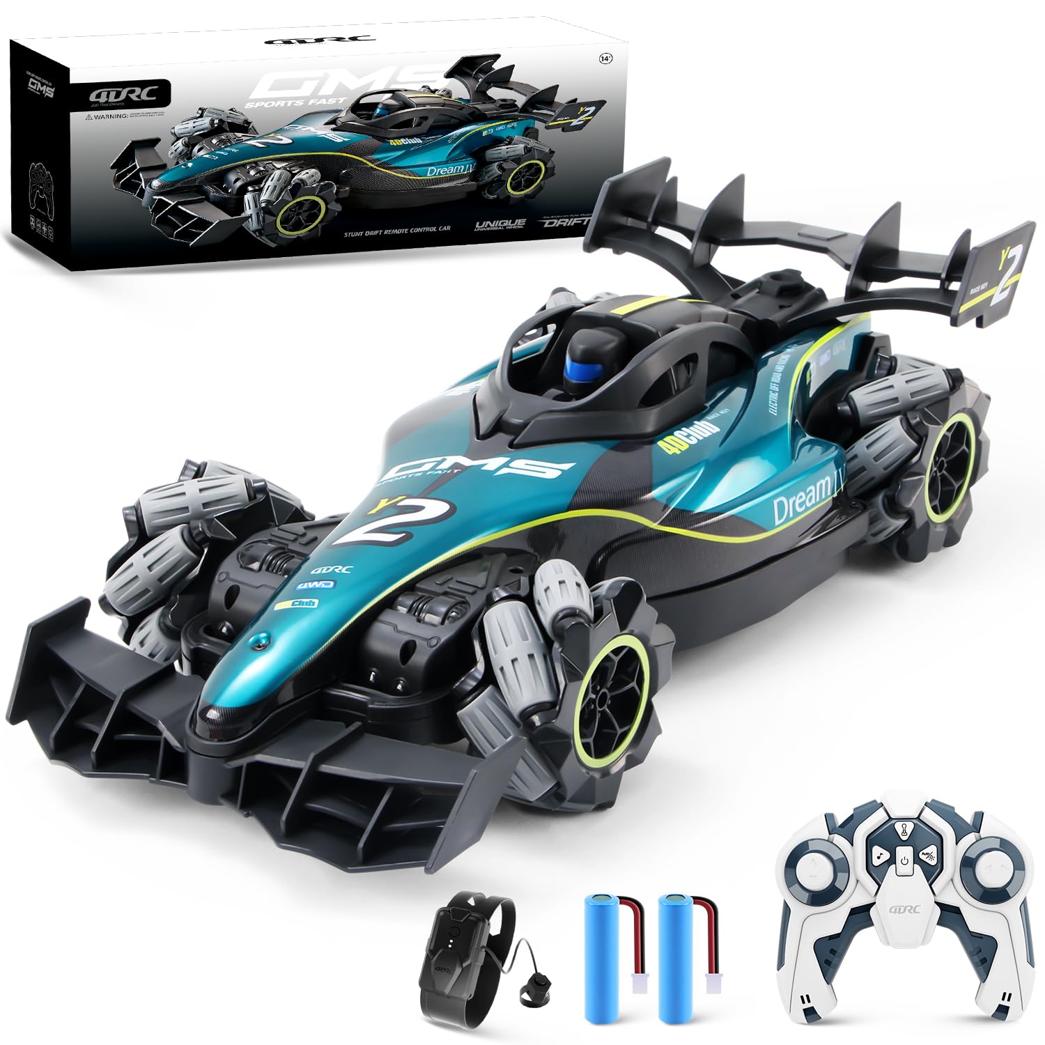 Rechargeable off road remote control car with 2.4GHz radio system, racing truck, and accessories in box.