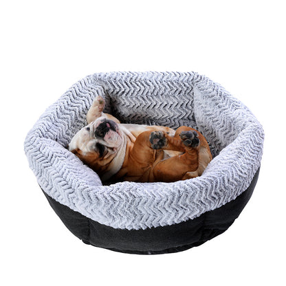 Bulldog sleeping comfortably in a cozy hexagonal doghouse for pets.