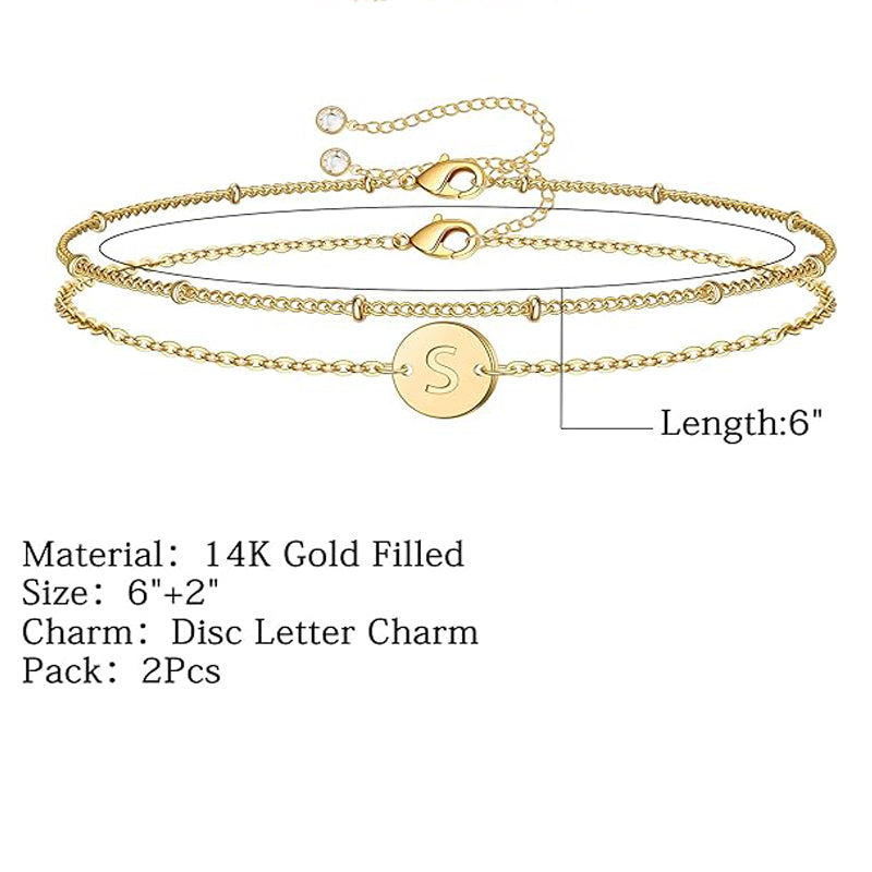 14K Gold Dainty Gold Bracelets featuring disc letter charm, 6" length, and 14k gold filled material.