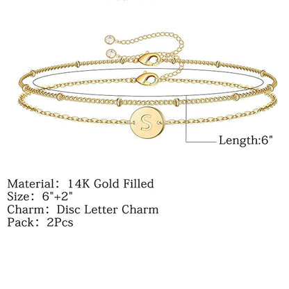 14K Gold Dainty Gold Bracelets featuring disc letter charm, 6" length, and 14k gold filled material.