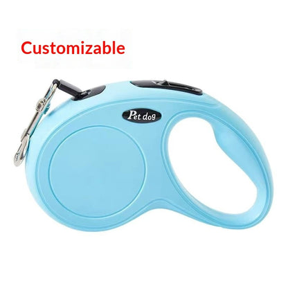 Retractable dog leash with hand brake in customizable blue color for pet walking.
