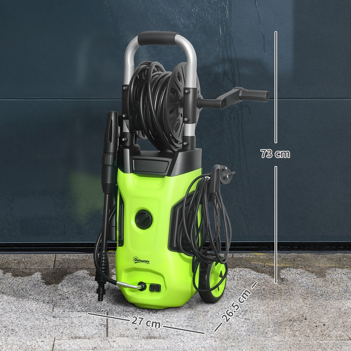 Portable high pressure washer 1800W with adjustable nozzle and hose reel, perfect for home cleaning.