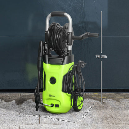 Portable high pressure washer 1800W with adjustable nozzle and hose reel, perfect for home cleaning.