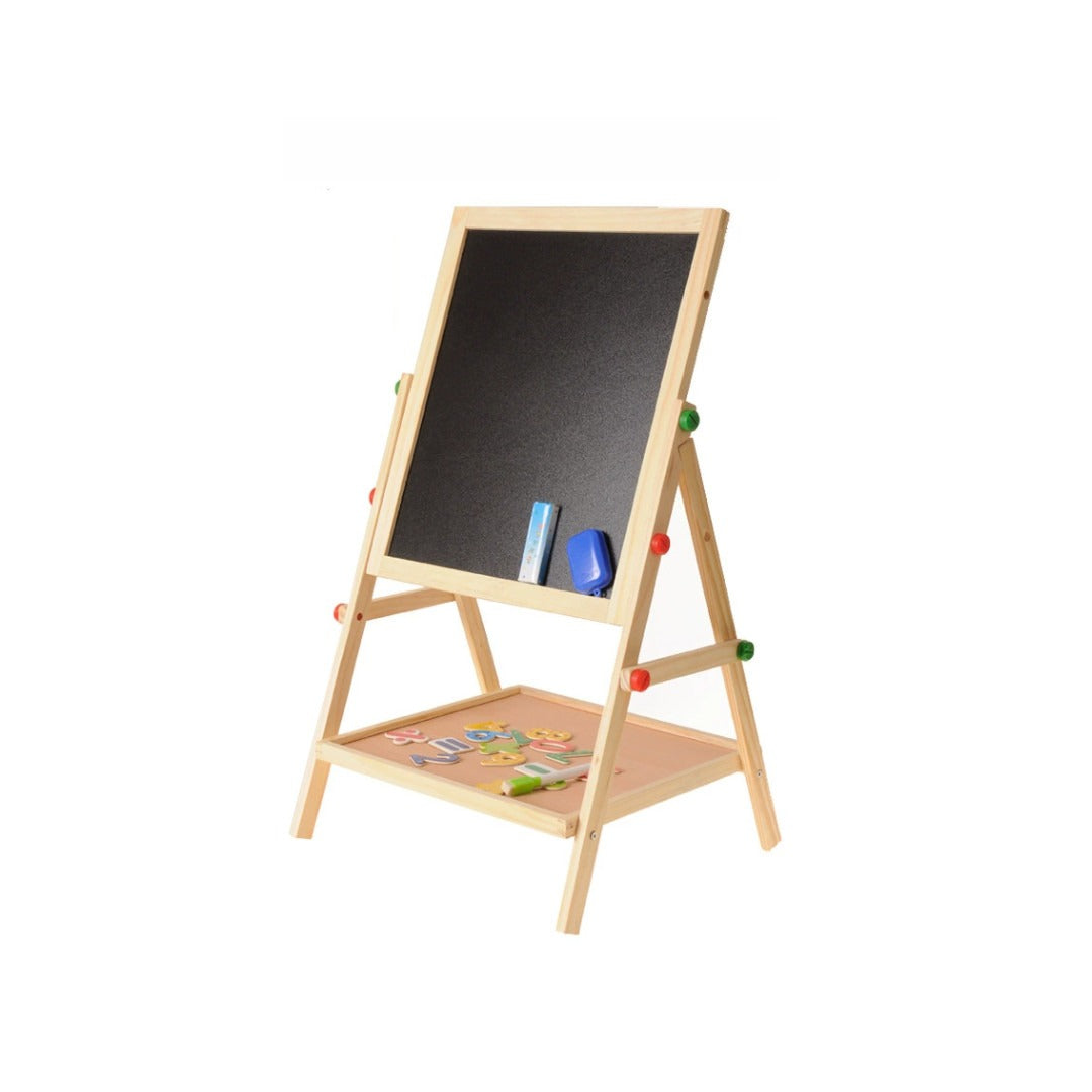 Kids 2 in 1 wooden blackboard whiteboard children art easel chalk drawing board displayed upright for creative play.