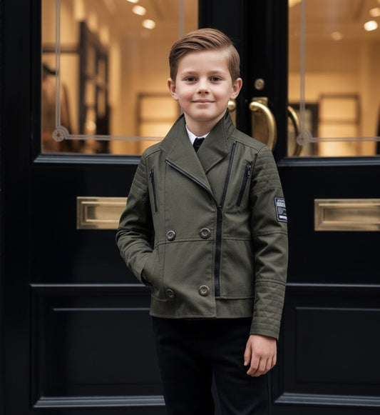 Boys military style jacket worn by a young boy, featuring a green cotton blend design, suitable for smart casual outfits.