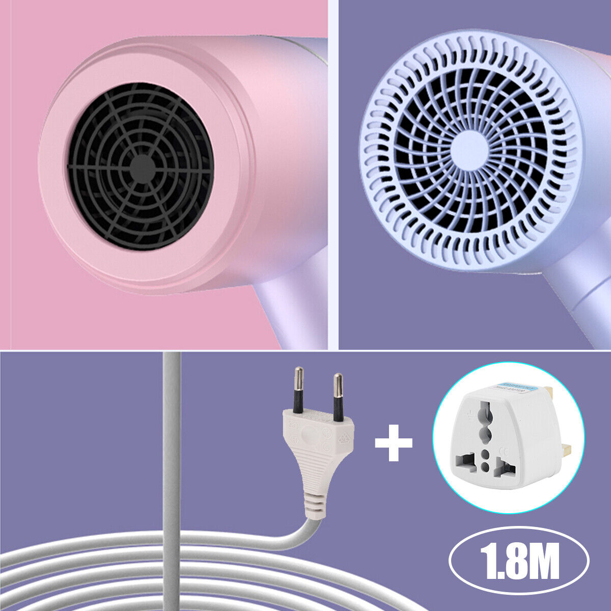 Professional foldable hair dryer with negative ion function, showcasing the fan design and 1.8M cord.