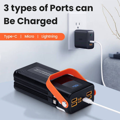 large capacity portable power bank with various charging ports connected to a wall outlet, ideal for outdoor and emergency use.