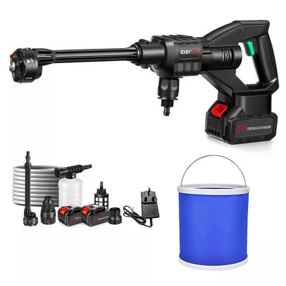 Portable cordless car pressure washer with accessories, 21V cleaner gun, batteries, and water supply options.