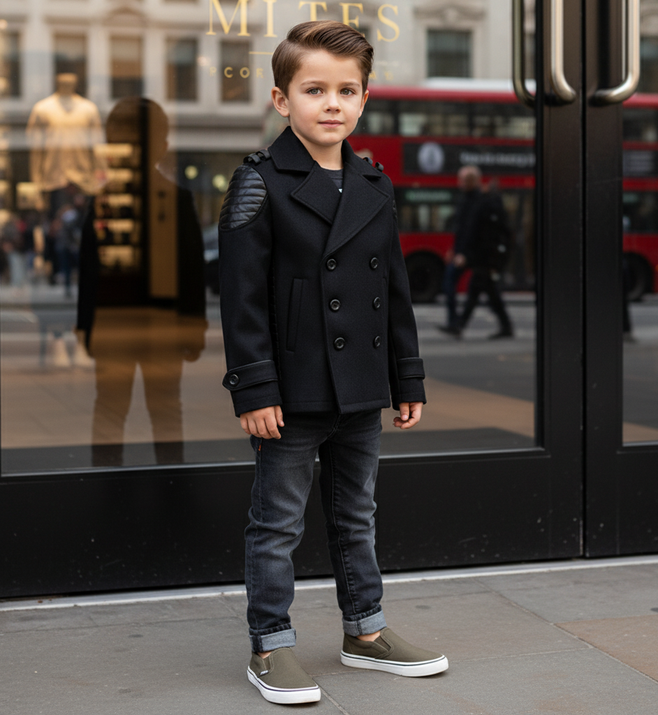 Boys black cashmere winter coat on a young boy standing outside, showcasing double-breasted style and trendy design.