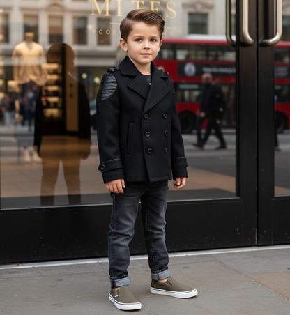 Boys black cashmere winter coat on a young boy standing outside, showcasing double-breasted style and trendy design.