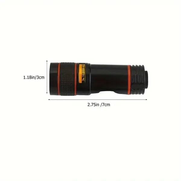 Mobile zoom lens for smartphones shown in black with dimensions 1.18in x 2.75in.