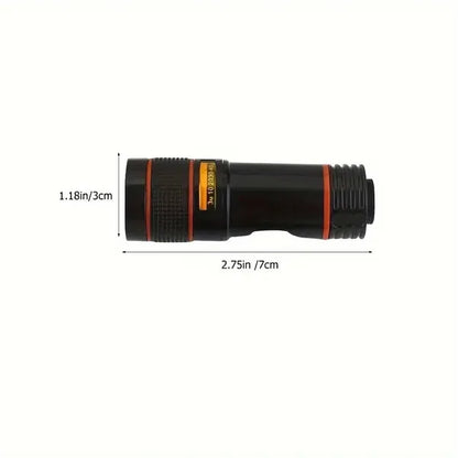 Mobile zoom lens for smartphones shown in black with dimensions 1.18in x 2.75in.