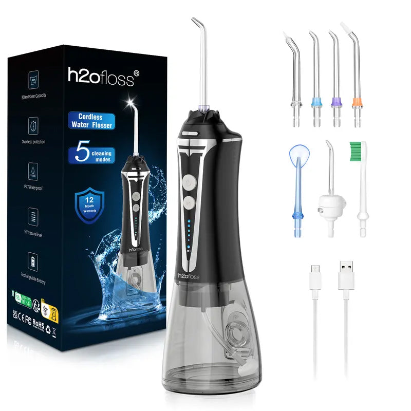 Portable water flosser with 5 modes, featuring cordless design and multiple nozzles for effective oral care.