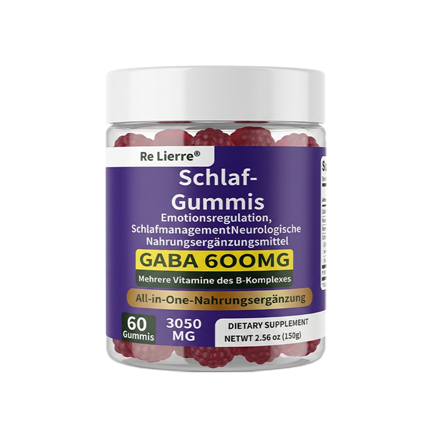 Grape-flavored sleep gummy bottle with GABA 600mg for relaxation and calm mood support, Re Lierre brand.