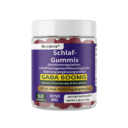 Grape-flavored sleep gummy bottle with GABA 600mg for relaxation and calm mood support, Re Lierre brand.
