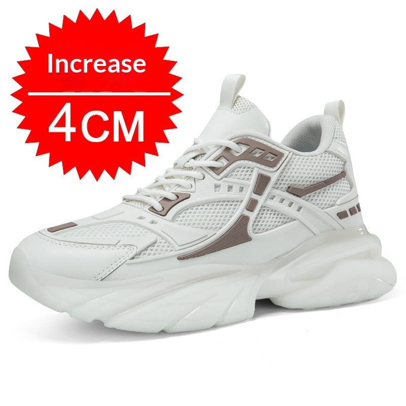 Breathable height-boosting casual sneakers in white design, featuring a 4cm height increase and breathable mesh.