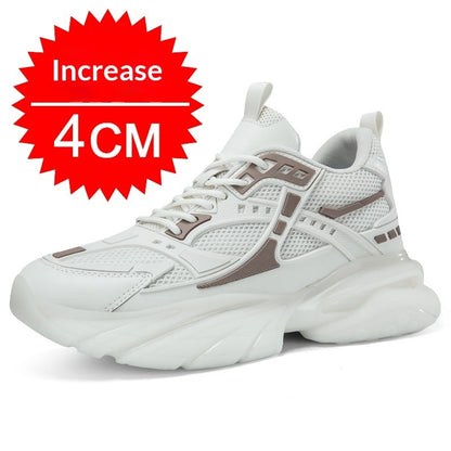 Breathable height-boosting casual sneakers in white design, featuring a 4cm height increase and breathable mesh.