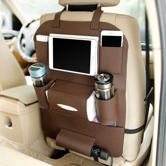 HQ Leather Car Seat Organizers showcasing a leather car seat organizer with pockets for drinks and devices.