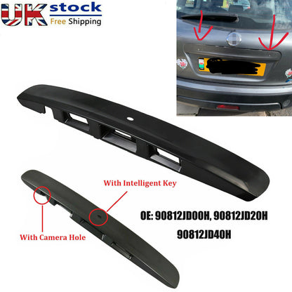 Qashqai tailgate handle camera with intelligent key and camera hole, OEM 90812JD20H, unfinished plastic for customization.