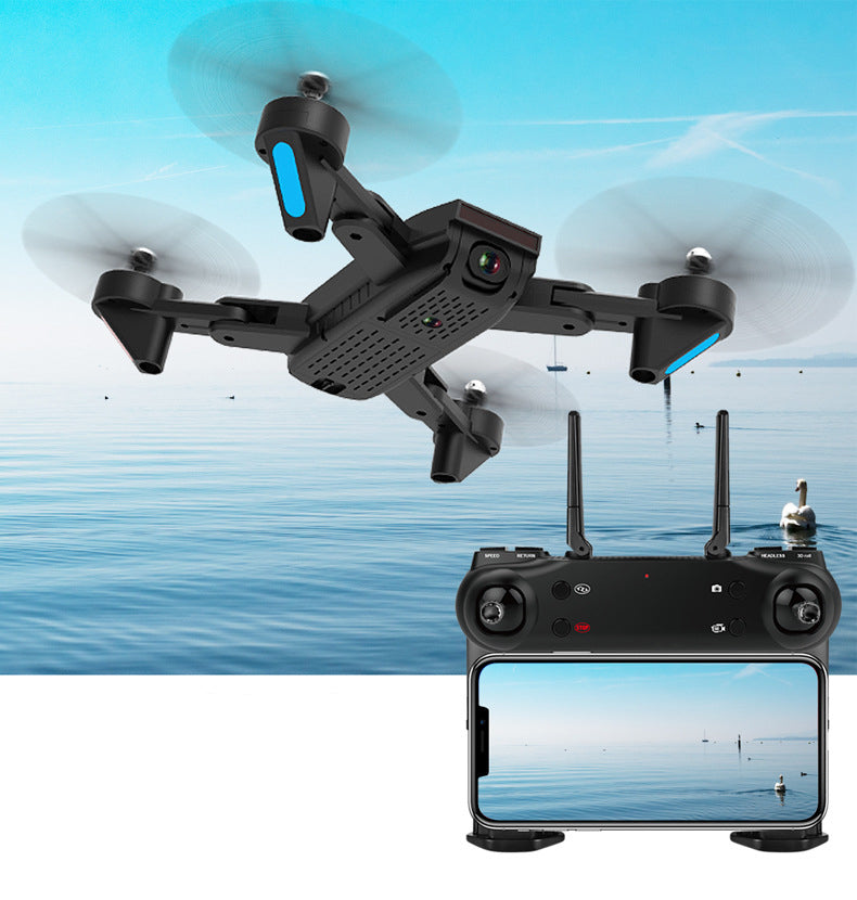 Dual camera quadrocopter flying over water with remote control and smartphone display showcasing live feed.