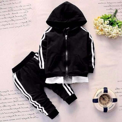 Black children's sports suit for infants with hoodie and pants, suitable for ages 9 months to 4 years.