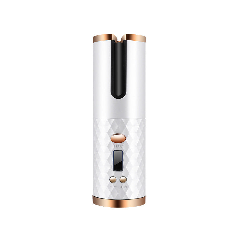 Rechargeable automatic hair curler for women with LCD display and ceramic design.