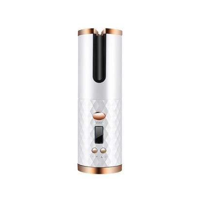 Rechargeable automatic hair curler for women with LCD display and ceramic design.