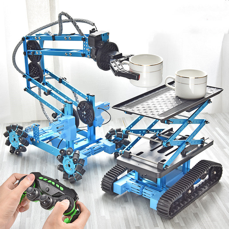 Remote control robot toy depicted with a blue alloy machinery, featuring robotic arms lifting cups and controlled by a wireless remote.