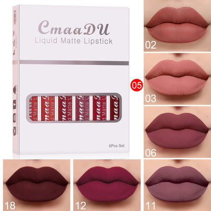 matte waterproof lip gloss set featuring 6 liquid matte lipsticks in various shades, ideal for long-lasting looks.