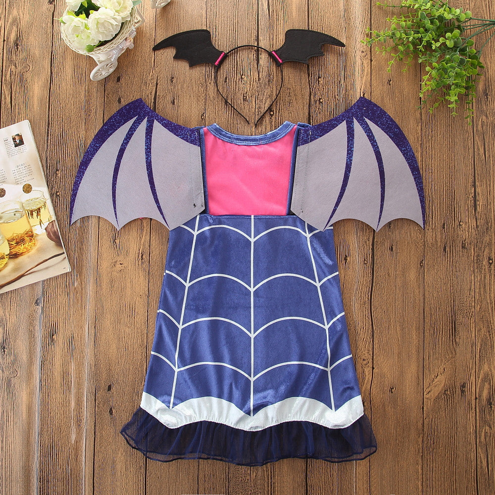 Cute princess Halloween dresses for toddlers with bat wings and web design, perfect for festive occasions.