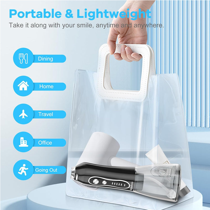 Portable water flosser with 5 modes in a lightweight bag for dining, travel, and office use.