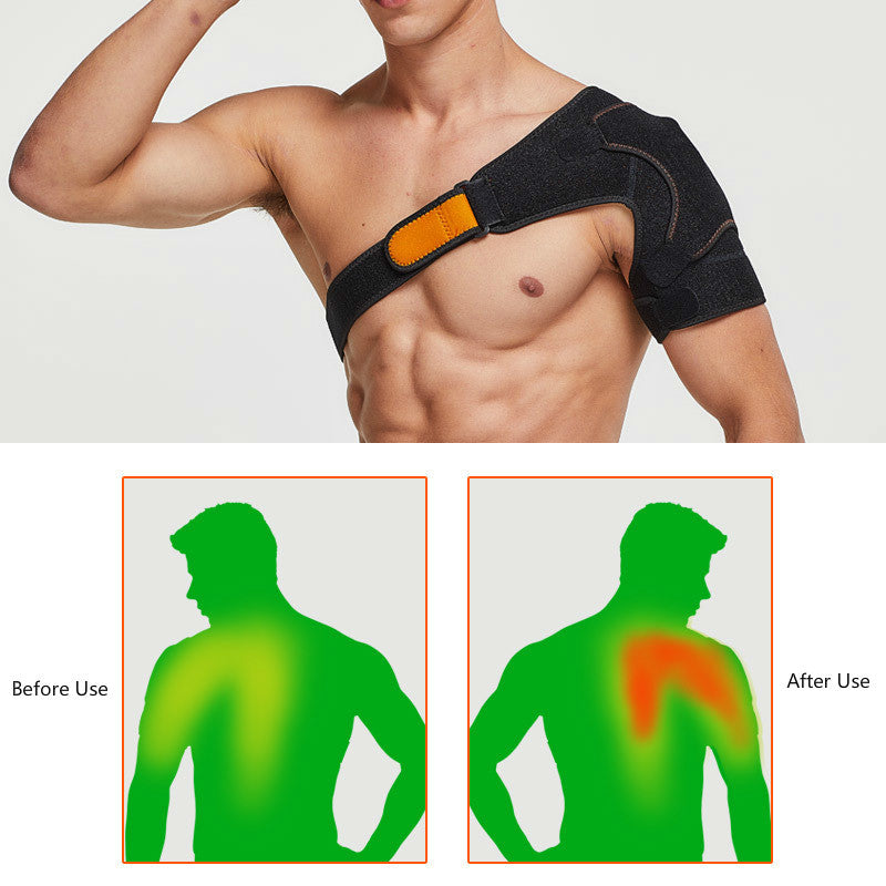 Adjustable sports shoulder support belt for sports injuries showing before and after use effects.